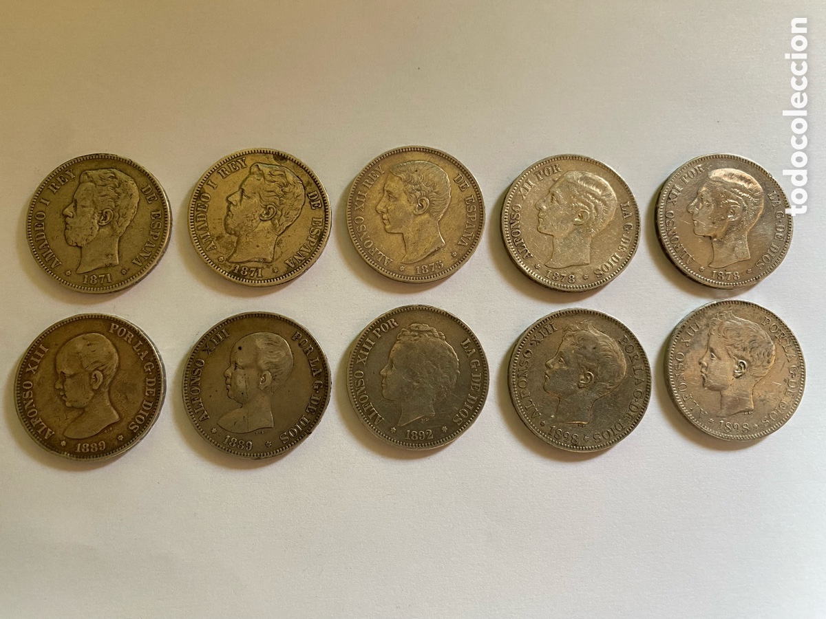 Monedas de Espa&ntilde;a: Lote 10 Monedas 5 Pesetas 1871-98