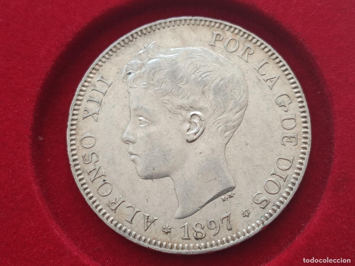 Monedas de Espa&ntilde;a: Duro original de 5 pesetas de plata de 1897 en excelente estado EBC estrellas perfectas