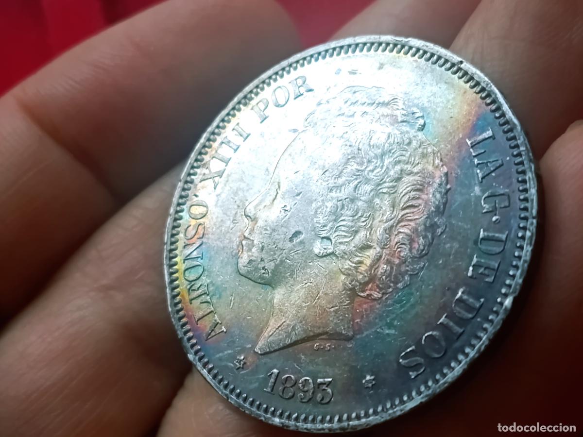 Monedas de Espa&ntilde;a: Duro de plata original de 5 pesetas de 1893 PG L Excelente p&aacute;tina