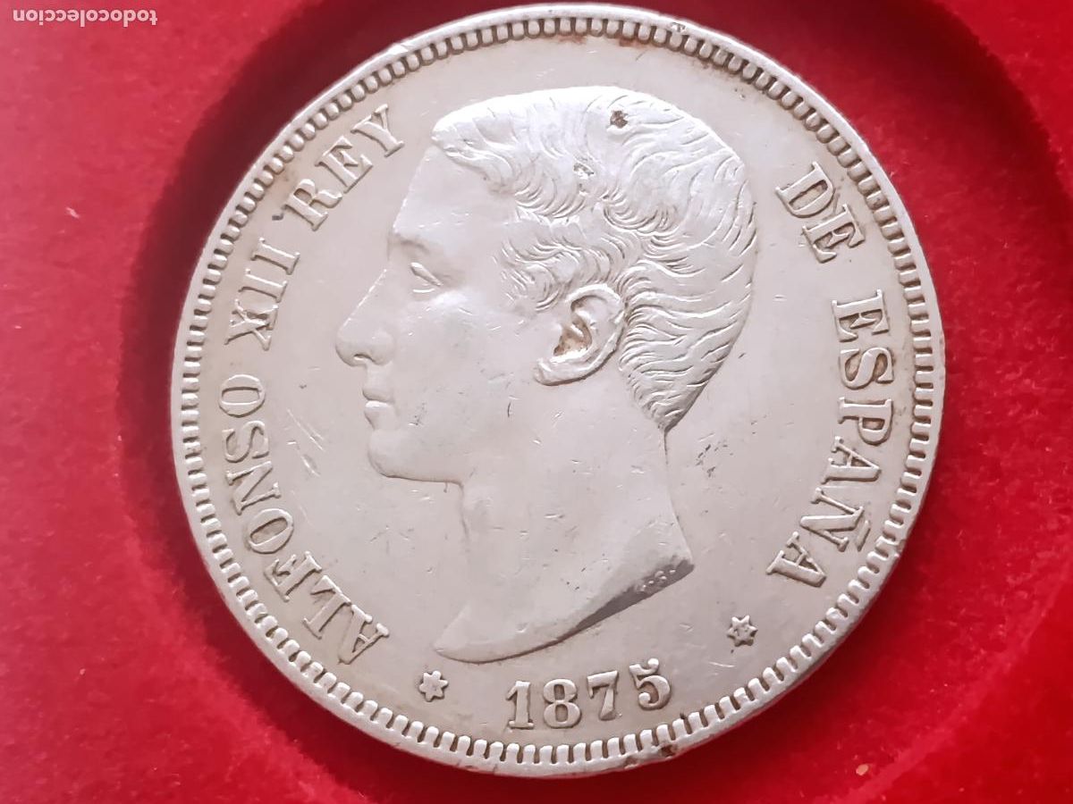Monedas de Espa&ntilde;a: Duro de plata original de 5 pesetas de 1875 estrellas visibles 18 75
