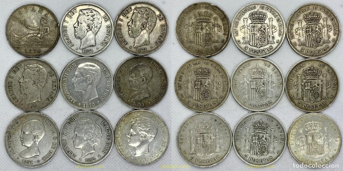Monedas de Espa&ntilde;a: 2475 ESPA&Ntilde;A 1870 LOTE 9 DUROS 1870-1871*71-1871*74-1871*75-1878 EM M-1890 MP M-1891-1892-1899 5 PE