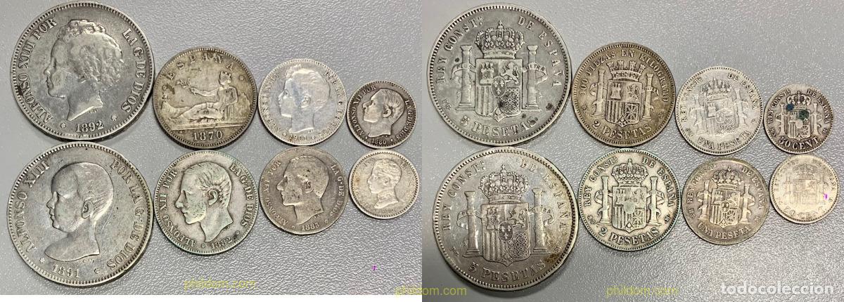 Monedas de Espa&ntilde;a: 3603 ESPA&Ntilde;A 1870 LOTE MONEDAS - 5 PESETAS X2 - 2 PESETAS X2 -1 PESETA X2 - 50 CENTIMOS X2