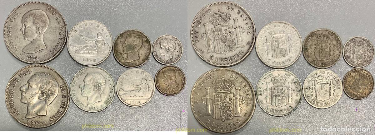 Monedas de Espa&ntilde;a: 3602 ESPA&Ntilde;A 1870 LOTE MONEDAS - 5 PESETAS X2 - 2 PESETAS X2 -1 PESETA X2 - 50 CENTIMOS X2