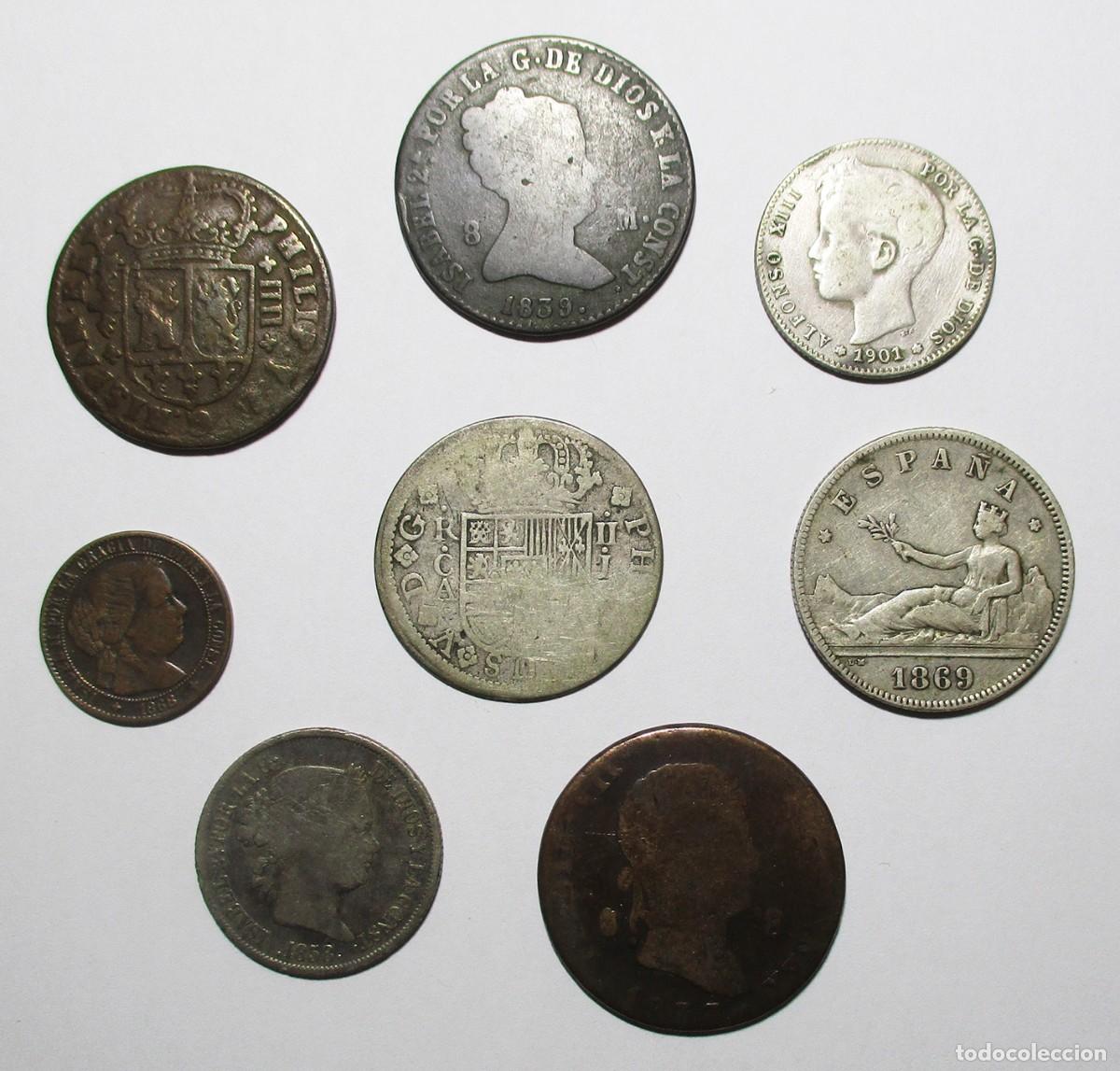 Monedas de Espa&ntilde;a: CONJUNTO DE 8 MONEDAS ESPA&Ntilde;OLAS ANTIGUAS. EN PLATA Y COBRE. REYES DE LA CASA BORBON. LOTE 5677