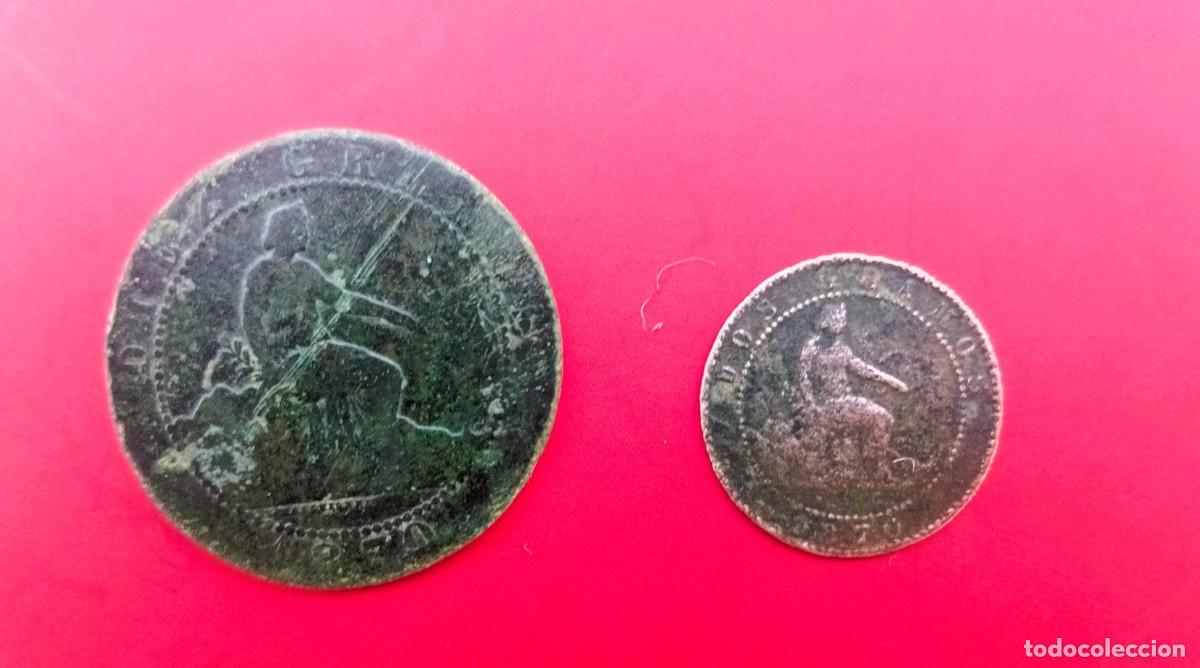 Monedas de Espa&ntilde;a: Dos monedas espa&ntilde;olas de bronce de finales del siglo XIX, conocidas popularmente como &rdquo;perras&rdquo;: