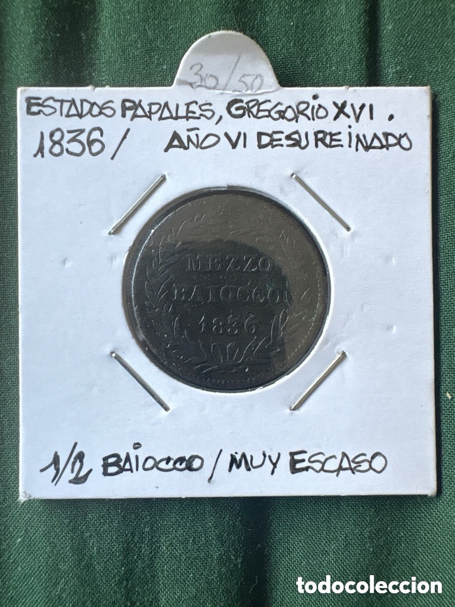 Monedas de Espa&ntilde;a: Moneda 1/2 Baiocco 1836, Estados Papales (A5)