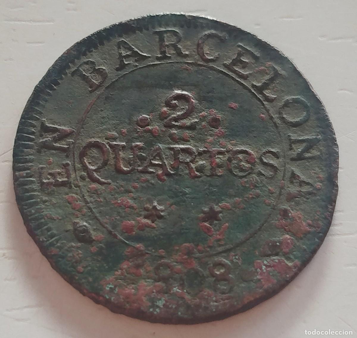 Monedas de Espa&ntilde;a: 2 cuartos 1808 Barcelona Napole&oacute;n bonaparte