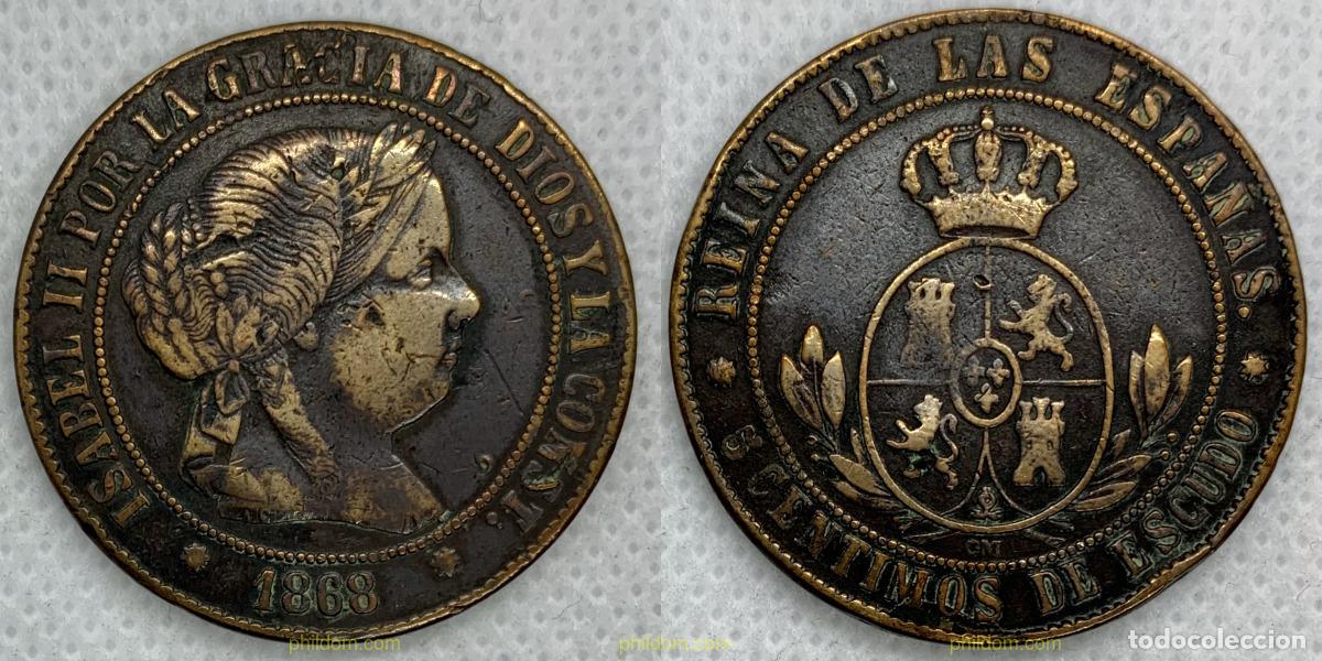 Monedas de Espa&ntilde;a: 2511 ESPA&Ntilde;A 1868 ISABEL II 5 CENTIMOS DE ESCUDO 1868 BARCELONA
