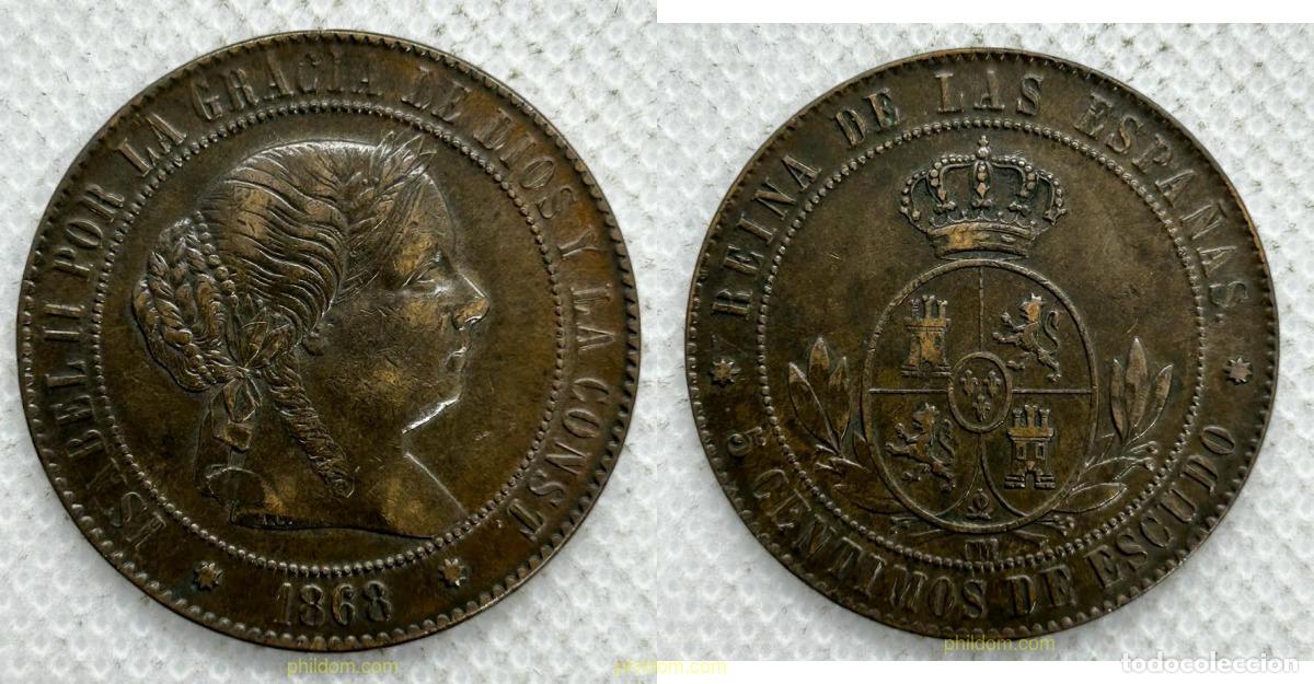 Monedas de Espa&ntilde;a: 3829 ESPA&Ntilde;A 1868 ISABEL II 5 CENTIMOS DE ESCUDO 1868 BARCELONA