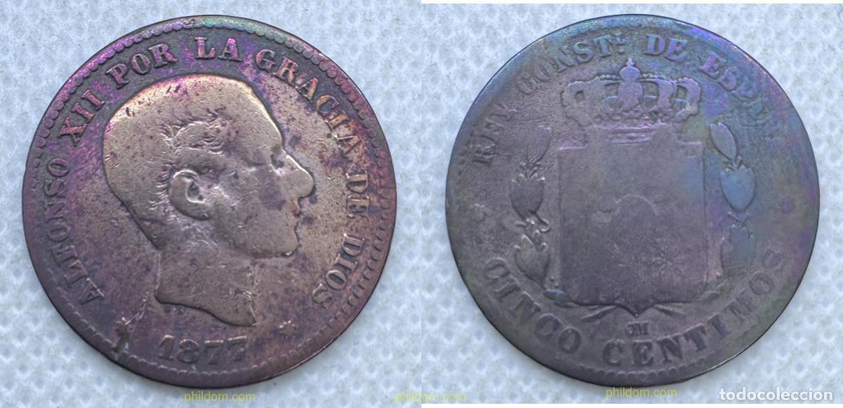 Monedas de Espa&ntilde;a: 5261 ESPA&Ntilde;A 1877 ALFONSO XII 5 CENTAVOS 1877 BARCELONA