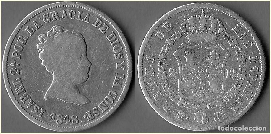 M&uuml;nzen von Spanien: 1848 - ESPA&Ntilde;A - ISABEL II - 2 REALES DE VELLON - KM # 526 - CECA M MADRID - PLATA
