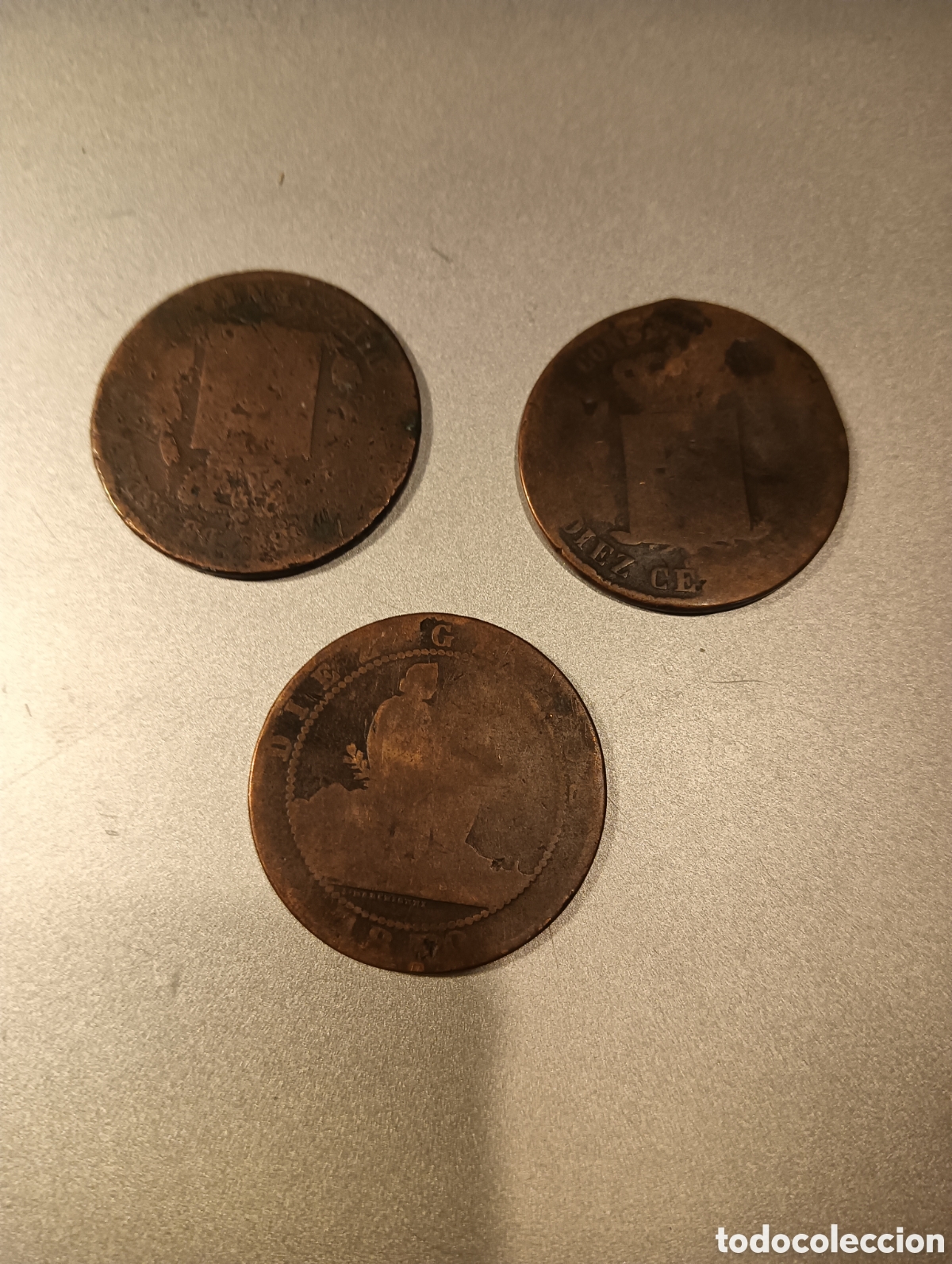 Monedas de Espa&ntilde;a: Tres monedas antiguas diez c&eacute;ntimos