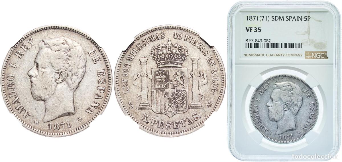Monedas de Espa&ntilde;a: Spain Kingdom 1871 18-71 SDM 5 Pesetas - Amadeo I Silver (.900) Madrid Mint (13641162) 25g NGC VF