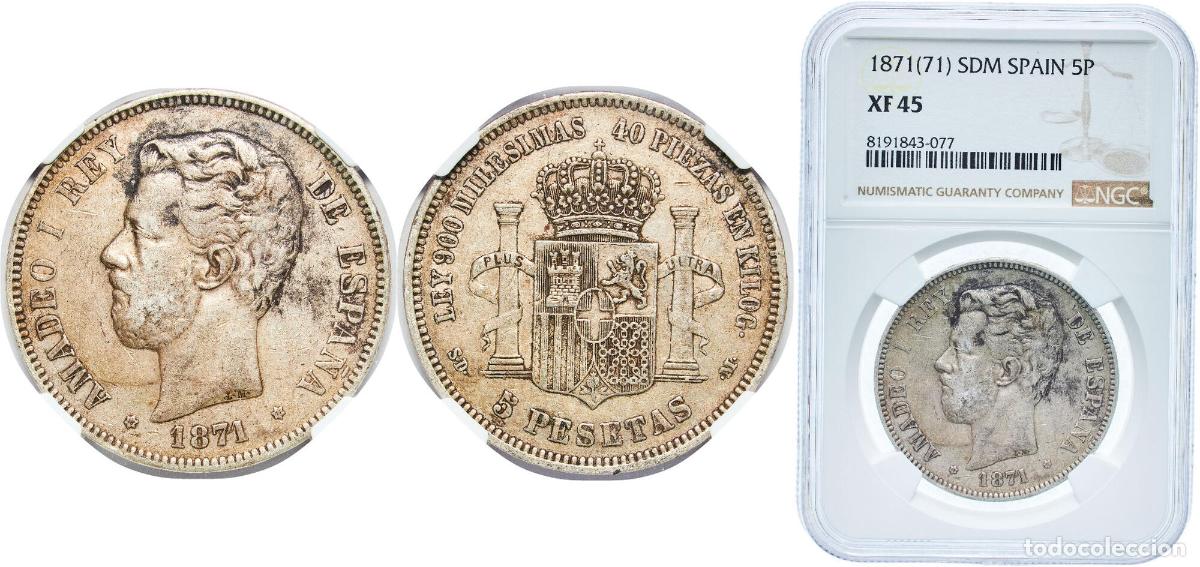 Monedas de Espa&ntilde;a: Spain Kingdom 1871 18-71 SDM 5 Pesetas - Amadeo I Silver (.900) Madrid Mint (13641162) 25g NGC XF