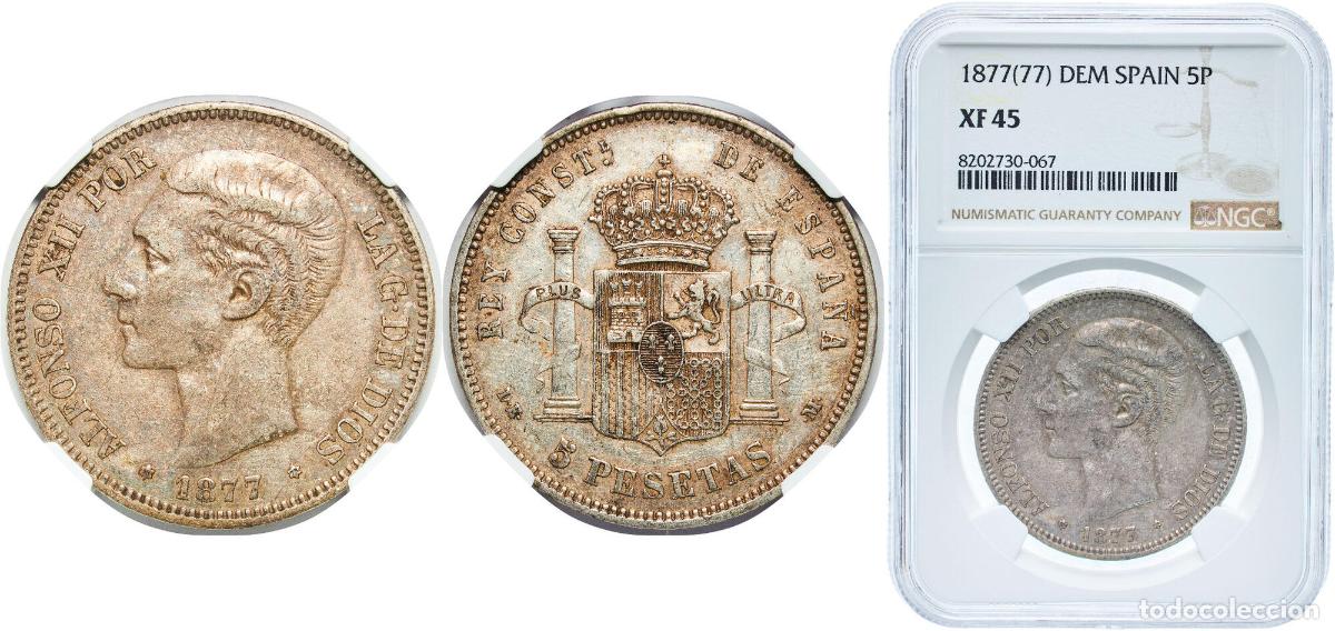 Monedas de Espa&ntilde;a: Spain Kingdom 1877 18-77 DEM 5 Pesetas - Alfonso XII (2nd portrait) Silver (.900) Madrid Mint (698