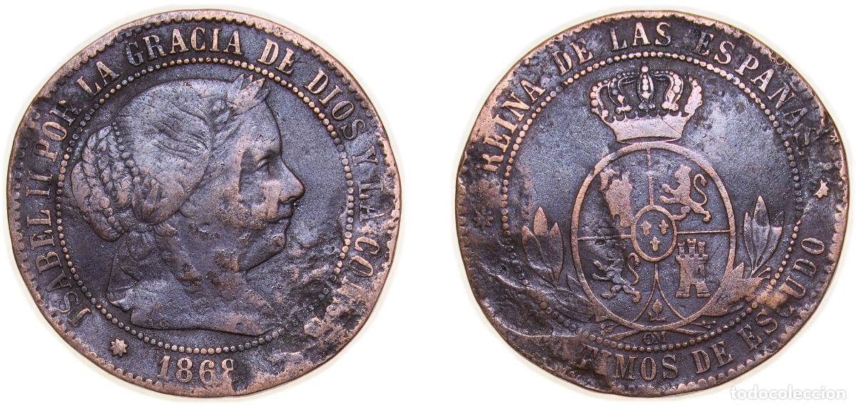 Monedas de Espa&ntilde;a: Spain Kingdom 1868 OM 2&frac12; Centimos de Escudo - Isabel II Bronze Barcelona Mint 6.25g VF KM 634 Cal 6