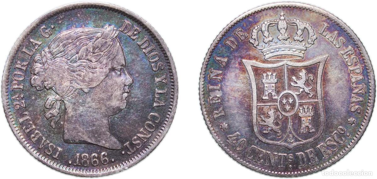 Monedas de Espa&ntilde;a: Spain Kingdom 1866 40 Centimos de Escudo - Isabel II Silver (.810) Madrid Mint 5.12g XF KM 628