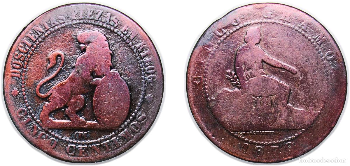 Monedas de Espa&ntilde;a: Spain Provisional Government 1870 OM 5 Centimos - Provisional Government Bronze (95% copper, 4% tin