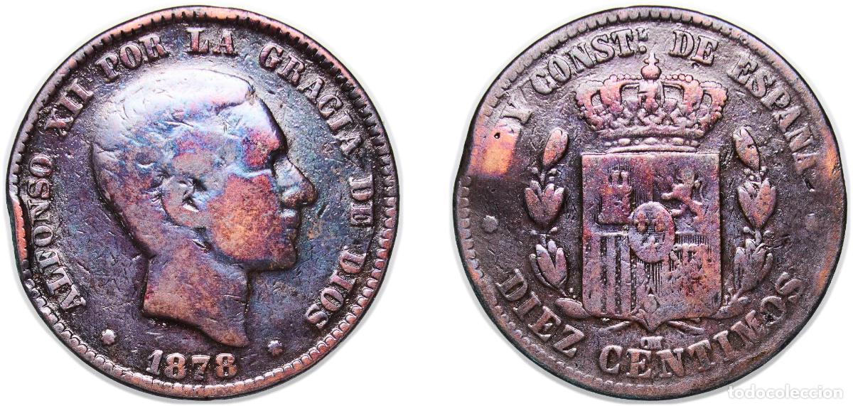 Monedas de Espa&ntilde;a: Spain Kingdom 1878 OM 10 Centimos - Alfonso XII Bronze (95% copper, 4% tin, 1% zinc) Barcelona Mint