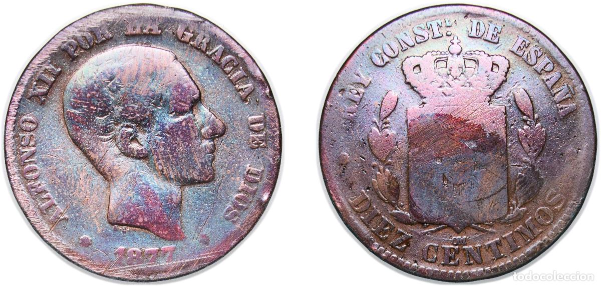 Monedas de Espa&ntilde;a: Spain Kingdom 1877 OM 10 Centimos - Alfonso XII Bronze (95% copper, 4% tin, 1% zinc) Barcelona Mint