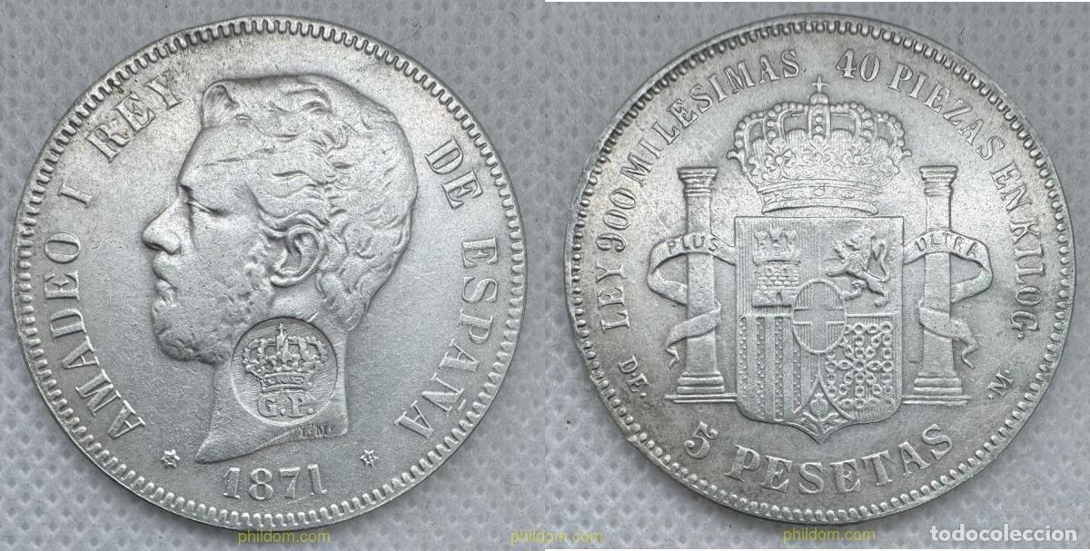 Monedas de Espa&ntilde;a: 5241 ESPA&Ntilde;A 1871 AMADEO I 5 PESETAS 1871 CON RESELLO GP