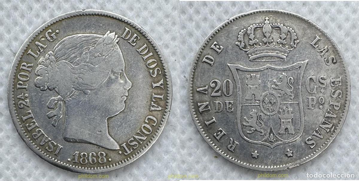 Monedas de Espa&ntilde;a: 5210 ESPA&Ntilde;A 1868 20 CENTAVOS DE PESO DE MANILA ISABEL II 1868
