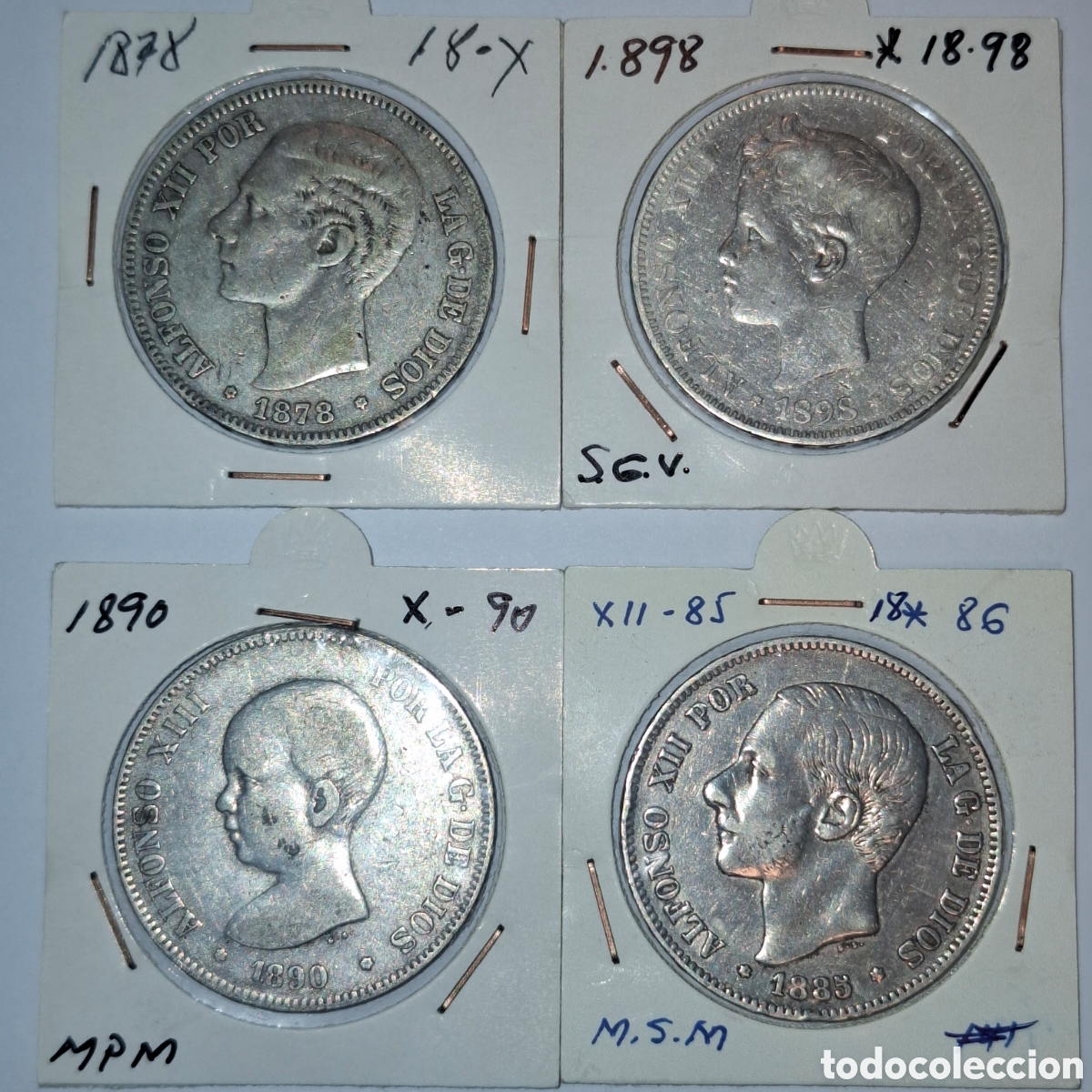 Monedas de Espa&ntilde;a: LOTE 4 MONEDAS PLATA. DUROS 5 PESETAS. ALFONSO XII Y XIII. SGV - MPM - MSM