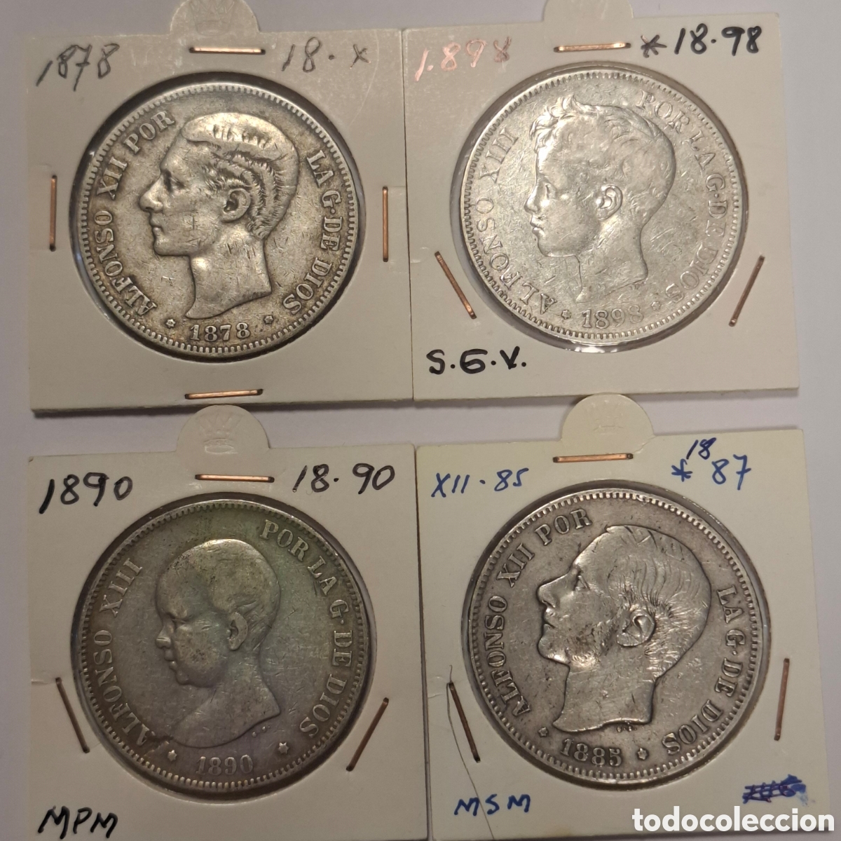 Monedas de Espa&ntilde;a: LOTE 4 MONEDAS PLATA. DUROS 5 PESETAS. ALFONSO XII Y XIII. MPM - MSM - SGV