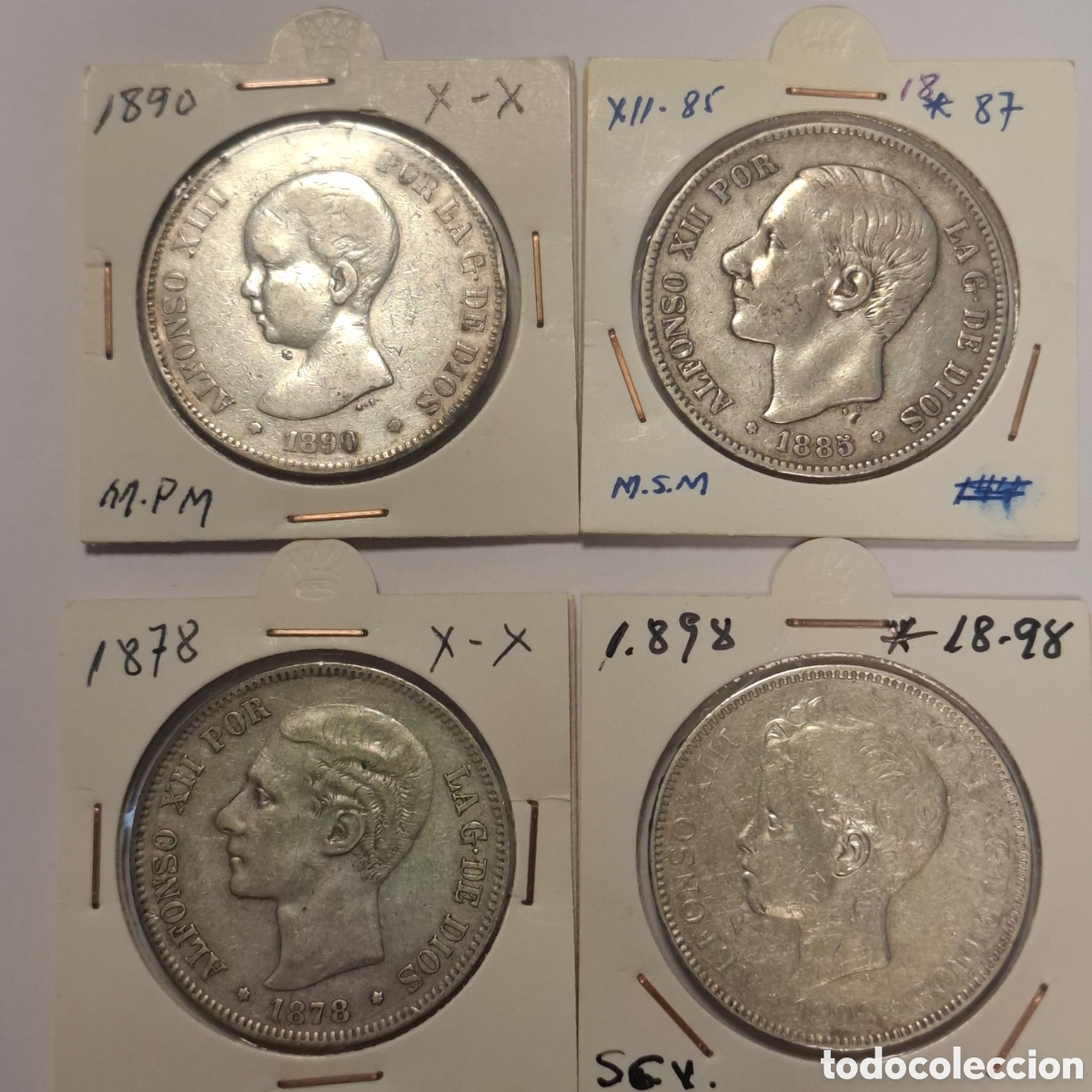 Monedas de Espa&ntilde;a: LOTE 4 MONEDAS PLATA. DUROS 5 PESETAS. ALFONSO XII Y XIII. SGV - MPM - MSM