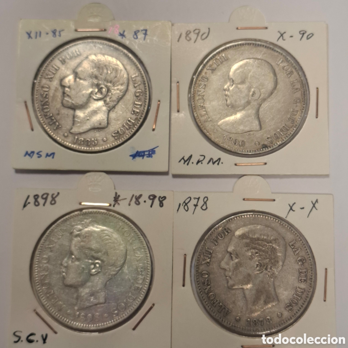 Monedas de Espa&ntilde;a: LOTE 4 MONEDAS PLATA. DUROS 5 PESETAS. ALFONSO XII Y XIII