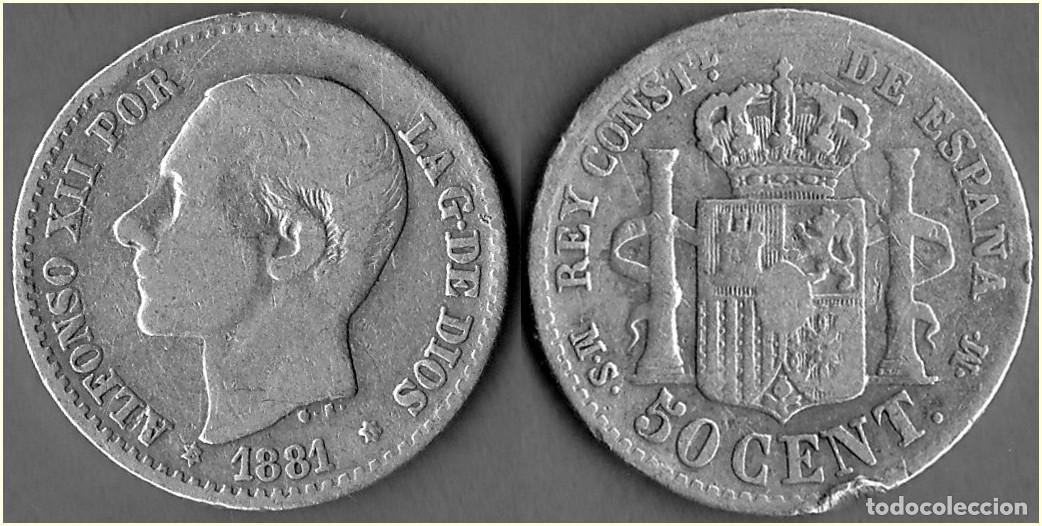 Monedas de Espa&ntilde;a: 1881 - ESPA&Ntilde;A - ALFONSO XII - 50 CENTIMOS - KM # 685 - PLATA