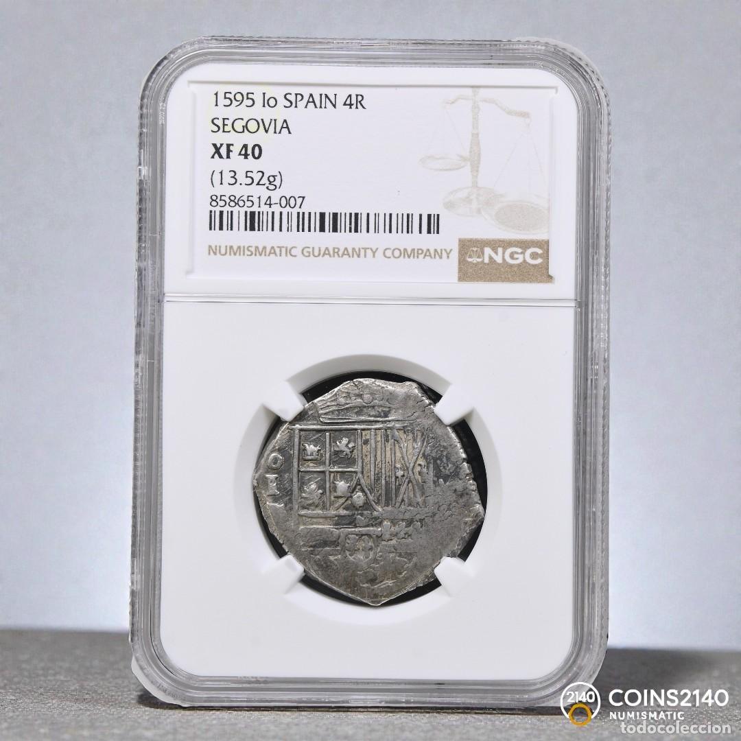 Monedas de Espa&ntilde;a: Felipe II (1566-1598). 4 reales. 1595. Segovia. Io. (AC-548).(JaraboSanahuja-A278). 13,52g. NGC XF40