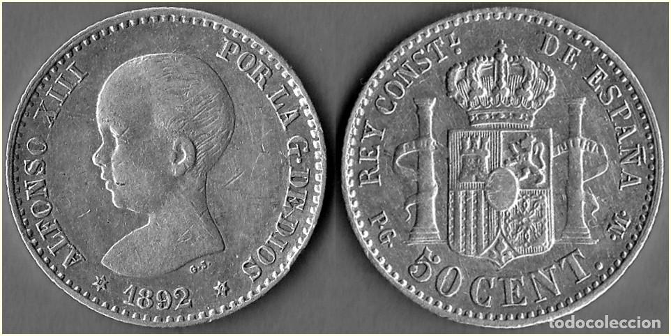 Monedas de Espa&ntilde;a: 1892 - ESPA&Ntilde;A - ALFONSO XIII - 50 CENTIMOS - KM # 690 &rdquo;EL PELON&rdquo;