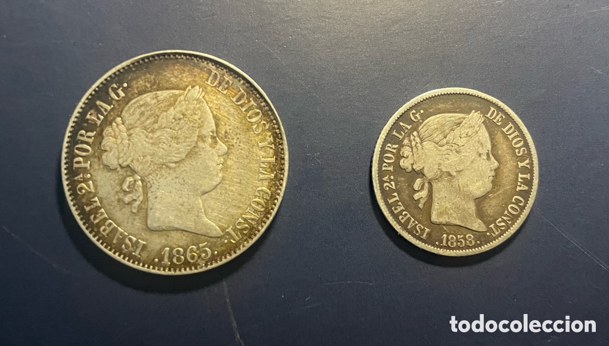 Monedas de Espa&ntilde;a: 2 monedas plata Isabel II,1 escudo y 4 Reales