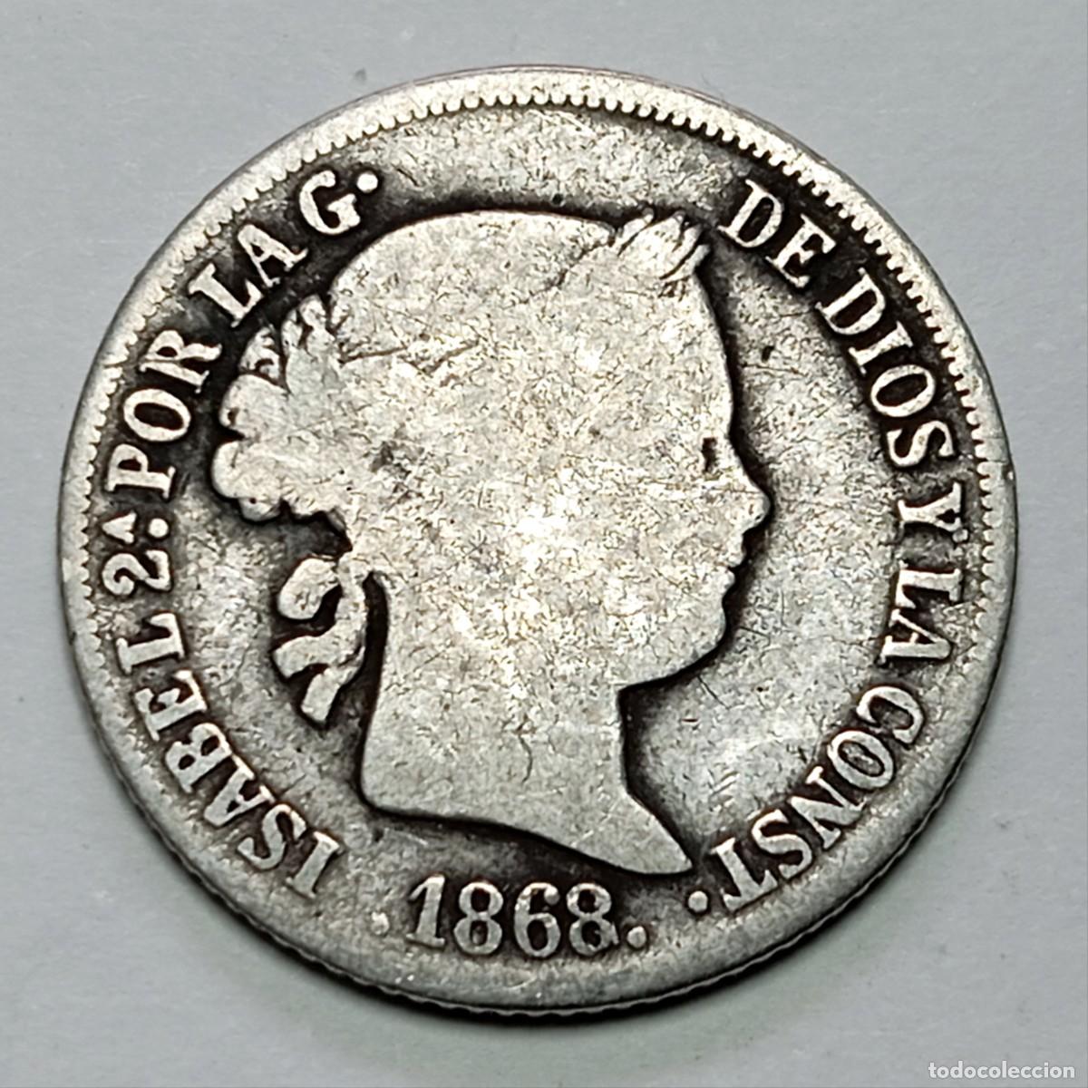 Monedas de Espa&ntilde;a: ⚜️ BBE0 4. PLATA. ESCASA. 1868. Isabel II. Manila. 10 centavos. (AC. 656). 2,44 g