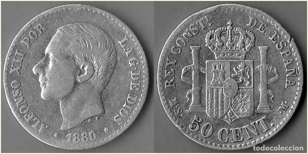Monedas de Espa&ntilde;a: 1880 - ESPA&Ntilde;A - ALFONSO XII - 50 CENTIMOS - KM # 685 - PLATA