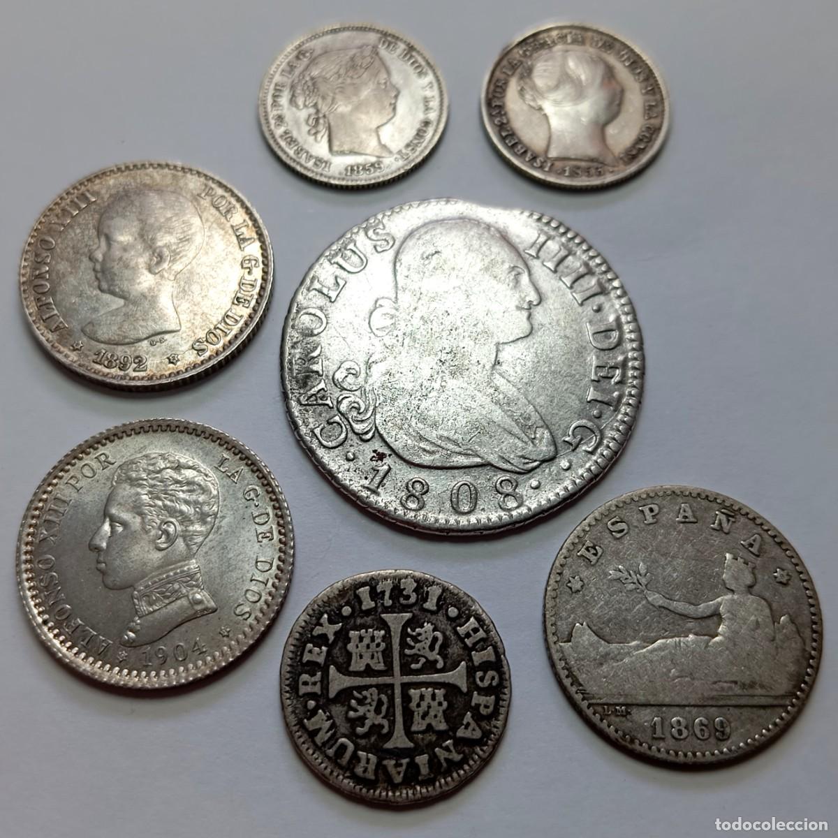 Monedas de Espa&ntilde;a: ⚜️ Interesante lote de 7 monedas de plata de la Monarqu&iacute;a Espa&ntilde;ola, Borbones. Peso bruto 31 g