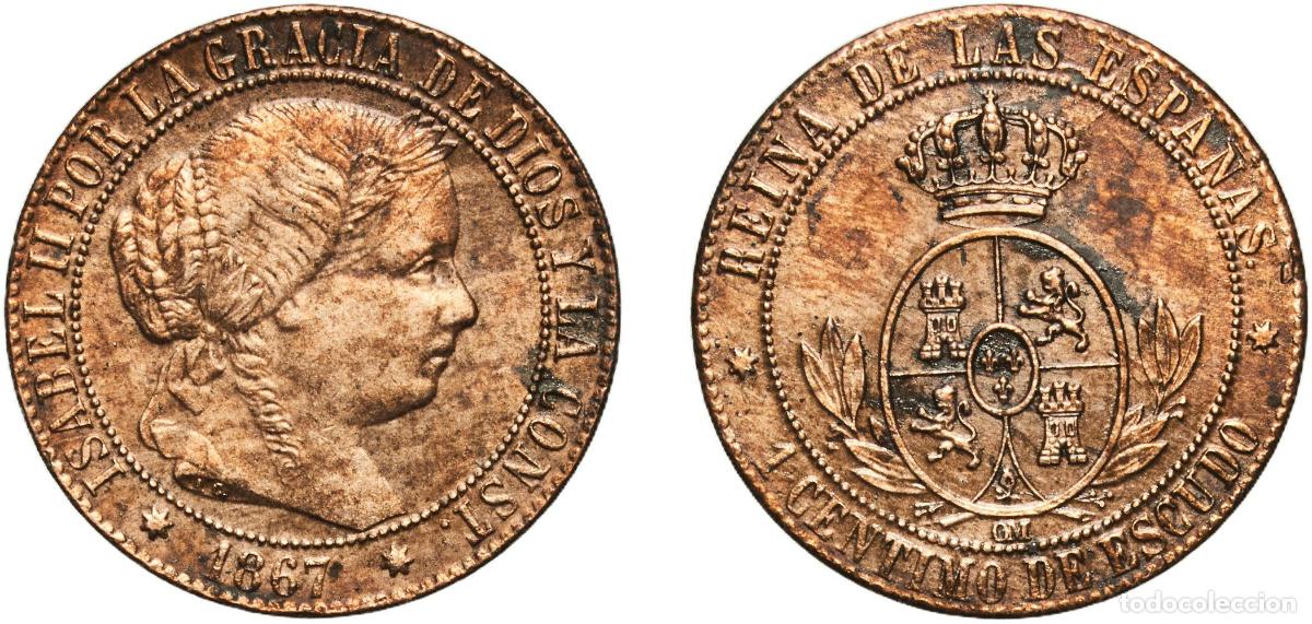 Monedas de Espa&ntilde;a: Spain Kingdom 1867 OM 1 Centimo de Escudo - Isabel II Bronze Seville Mint 2.41g AU KM 633.5 Cal 666