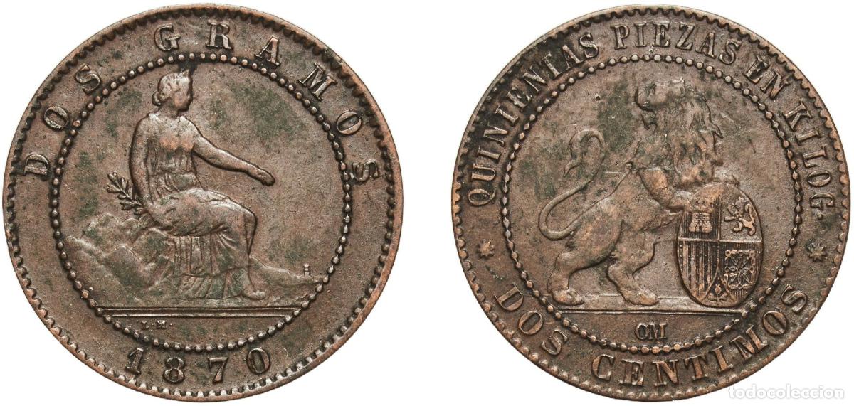 Monedas de Espa&ntilde;a: Spain Provisional Government 1870 OM 2 Centimos - Provisional Government Bronze (95% copper, 4% tin