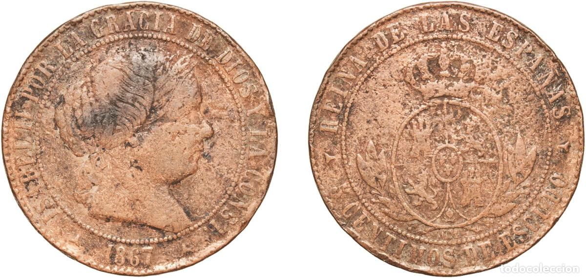 Monedas de Espa&ntilde;a: Spain Kingdom 1867 OM 5 Centimos de Escudo - Isabel II Bronze Segovia Mint 11.67g F KM 635.4 Cal 63