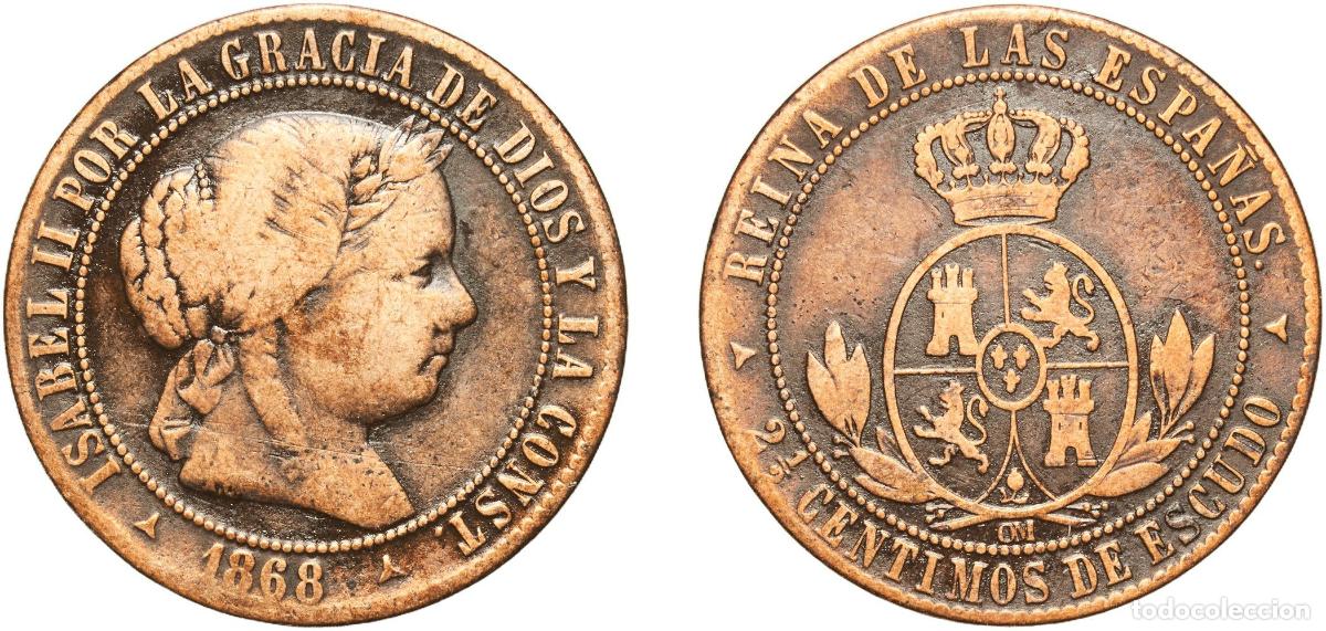 Monedas de Espa&ntilde;a: Spain Kingdom 1868 OM &frac12; Centimo de Escudo - Isabel II Bronze Segovia Mint 6.09g VF KM 632.4 Cal 678