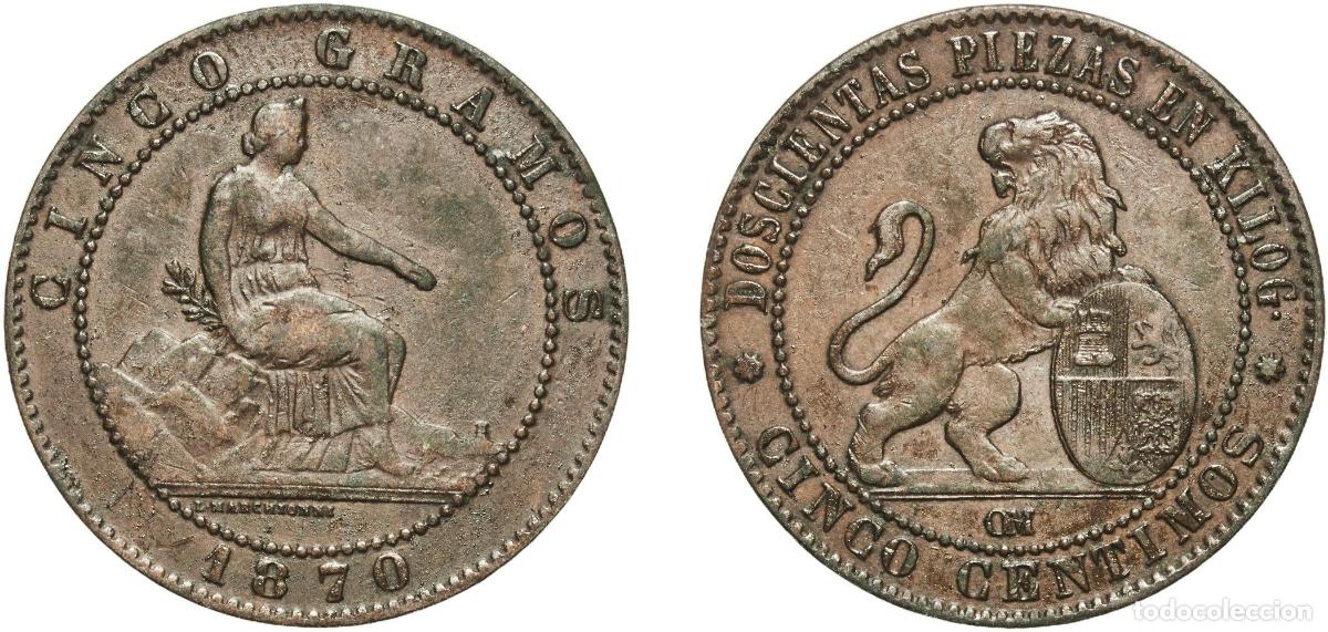 Monedas de Espa&ntilde;a: Spain Kingdom 1870 OM 5 Centimos - Provisional Government Bronze (95% copper, 4% tin, 1% zinc) Barc