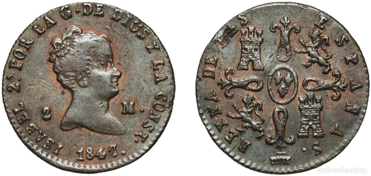 Monedas de Espa&ntilde;a: Spain Kingdom 1847 2 Maravedis - Isabel II Copper Segovia Mint 2.18g XF KM 532.4 Cal 559 Aureo 59