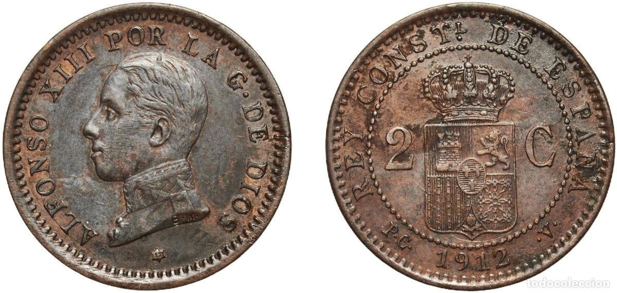 Monedas de Espa&ntilde;a: Spain Kingdom 1912 12 PCV 2 Centimos - Alfonso XIII (5th portrait) Bronze (95% copper, 4% tin, 1%