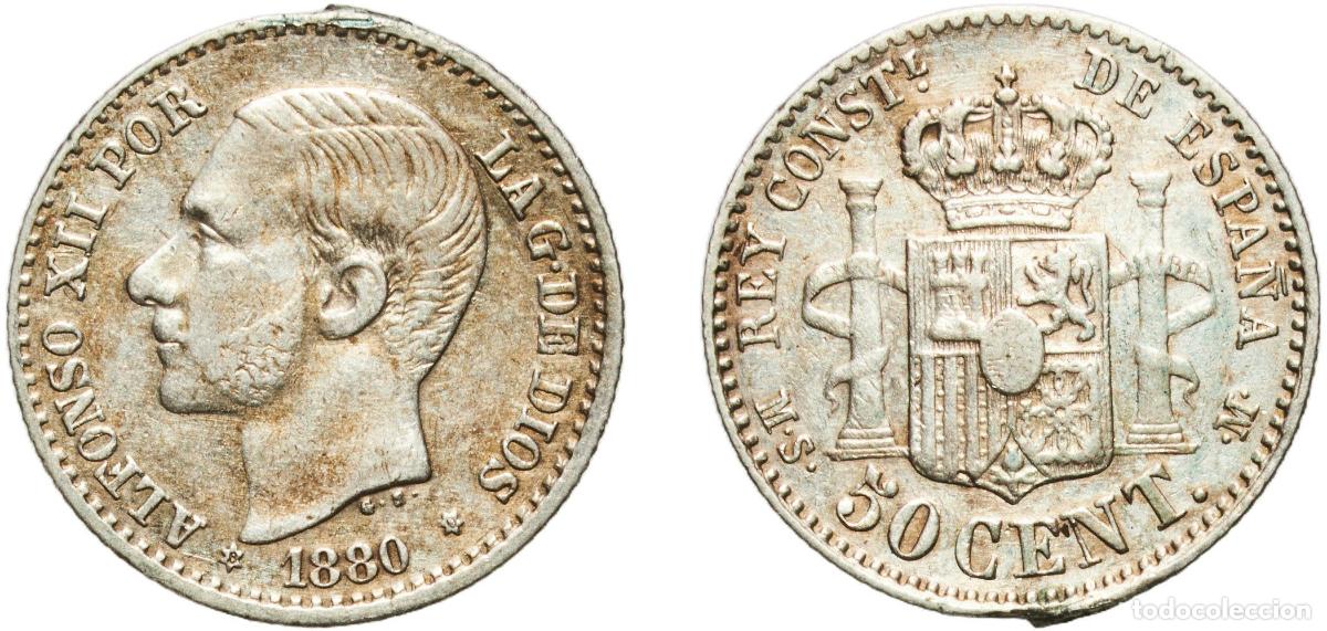 Monedas de Espa&ntilde;a: Spain Kingdom 1880 8-0 MSM 50 Centimos - Alfonso XII Silver (.835) Madrid Mint (2787000) 2.54g XF