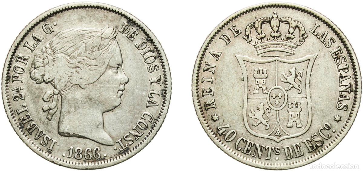Monedas de Espa&ntilde;a: Spain Kingdom 1866 40 Centimos de Escudo - Isabel II Silver (.810) Madrid Mint 5.04g VF KM 628.2 Ca