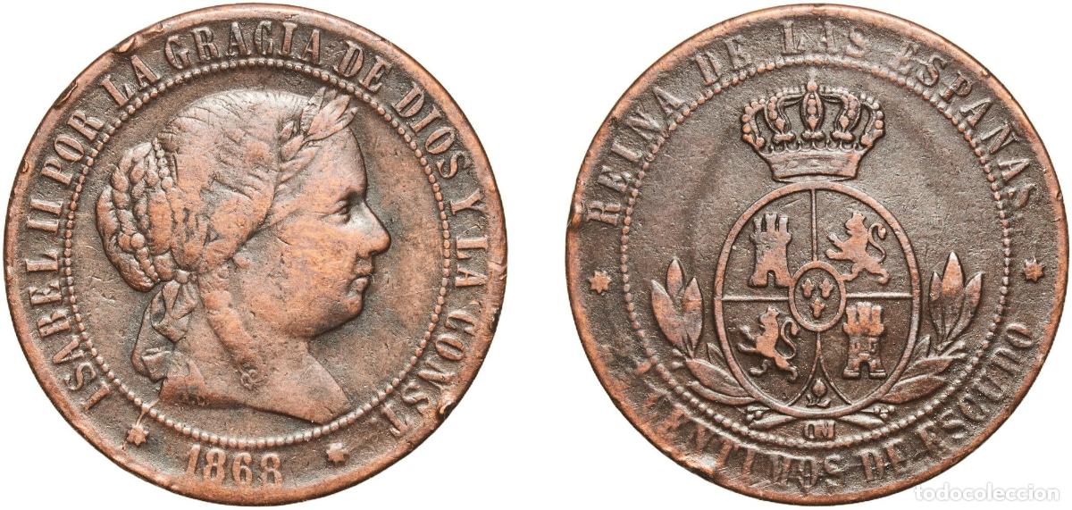 Monedas de Espa&ntilde;a: Spain Kingdom 1868 OM 2&frac12; Centimos de Escudo - Isabel II Bronze Seville Mint 5.92g VF KM 634.5 Cal 6