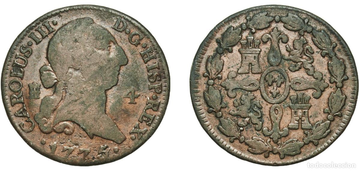 Monedas de Espa&ntilde;a: Spain Kingdom 1775 4 Maravedis - Carlos III Copper Segovia Mint 5.12g VF KM 407.2 Cal 1901 Aureo 55