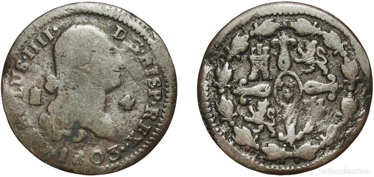 Monedas de Espa&ntilde;a: Spain Kingdom 1803 4 Maravedis - Carlos IV Copper Segovia Mint 4.25g F Cal 1515 Aureo 57