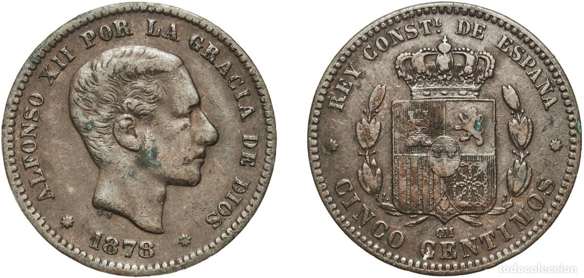 Monedas de Espa&ntilde;a: Spain Kingdom 1878 OM 5 Centimos - Alfonso XII Bronze (95% copper, 4% tin, 1% zinc) Barcelona Mint